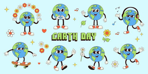 Groovy Earth mascot characters set. Earth day. Vector illustration for postcard, posters, banner.