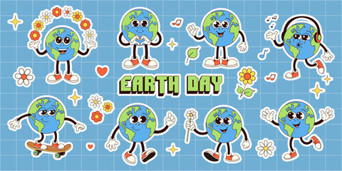 Groovy Earth stickers set. Earth day. 