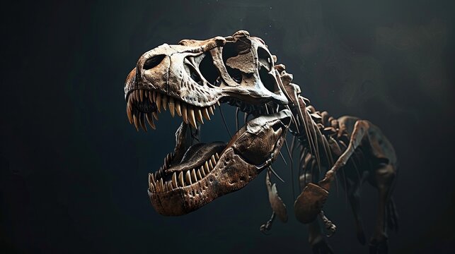 Tyrannosaurus rex skull depicted in a realistic profile position with high details , front view
