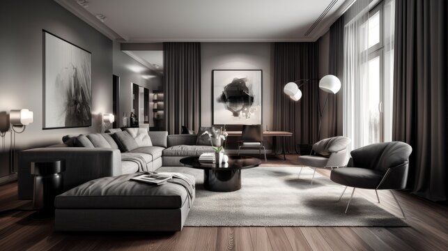 This art-infused modern living area combines comfort with style, featuring abstract art, designer furniture, and a palette of dark tones complemented by soft lighting.