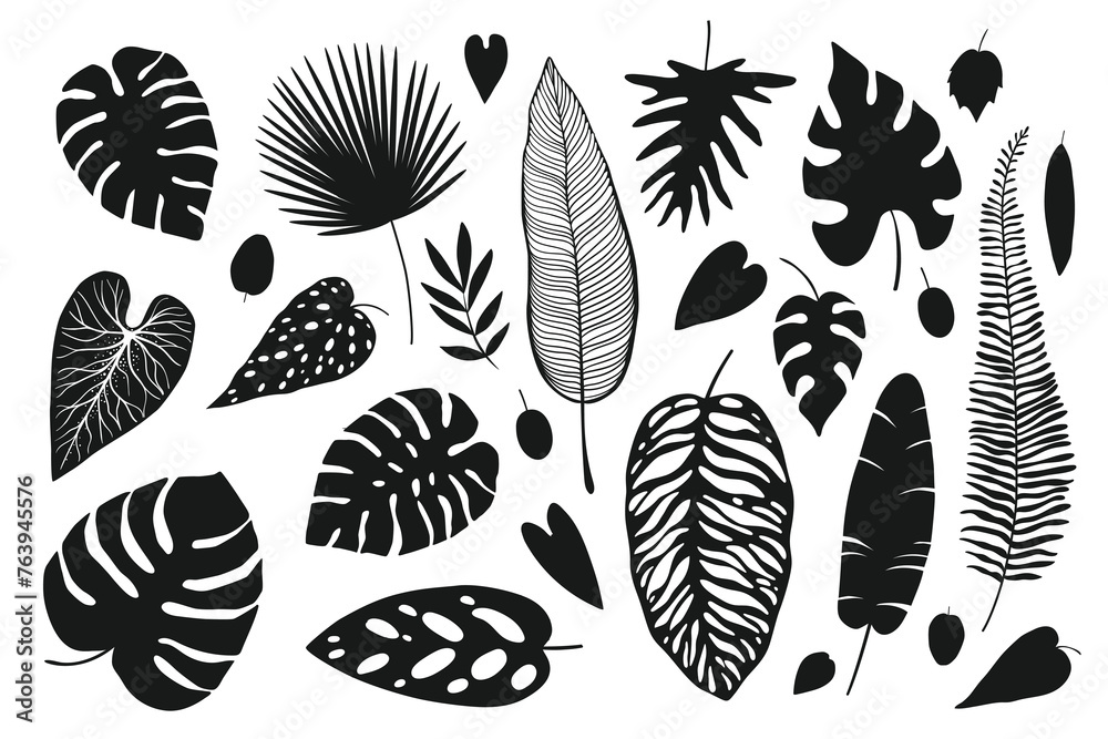 Wall mural set of black silhouettes of tropical leaves palms, trees.