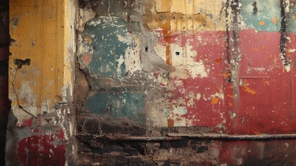 A rich tapestry of decay, this image captures the essence of time on an urban wall with layers of peeling paint and textures telling a story of the past