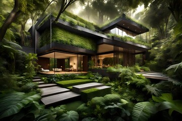 A house featuring a plethora of lush plants and trees in its surroundings