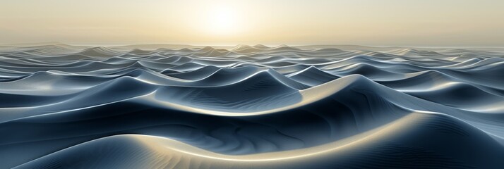 Tranquil pastel sunrise above minimalist 3d abstract landscape with rolling hills