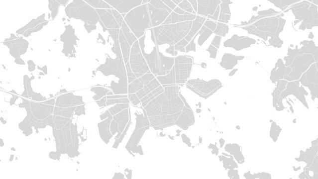 Background Helsinki map, Finland, white and light grey city poster. Vector map with roads and water.