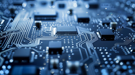 Close-up of a blue-toned circuit board with microchips and connections.
