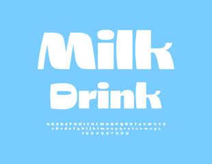 Vector advertising label Milk Drink. Trendy White Font. Modern Alphabet Letters and Numbers.