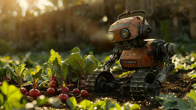 Robot harvesting radishes in sunlight, Yellow robot harvesting radishes in sunlight, Generative Ai