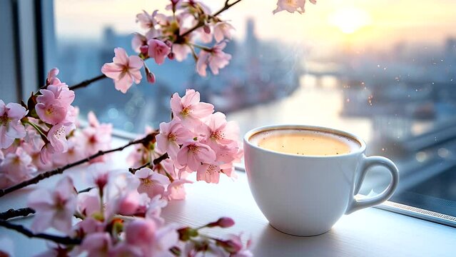 cup of coffee at the window with a spring cherry blossom cityscape of kobe. Seamless looping 4k time-lapse video animation background