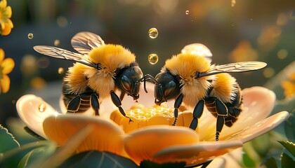 3D miniature illustration of two cool and cute cartoon style bees sitting on flower petals drinking necta