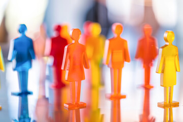 Group of colorful plastic people standing in line. Concept of team work and cooperation.
