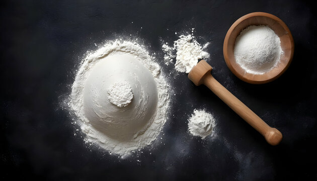 Rolling pin and white flour on a dark background. Top view.