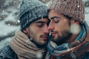 Man and Woman Kissing in the Snow - obrazy, fototapety, plakaty