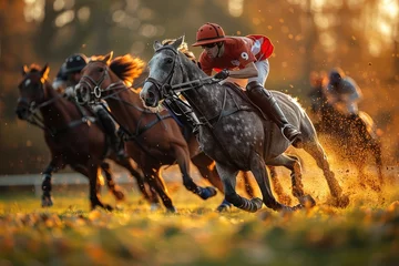 Tuinposter the competitive spirit of polo, with horses and riders engaged in a fast-paced race to the goal, conveying the adrenaline-filled atmosphere of the sport  © lublubachka