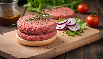 Raw Ground beef meat Burger steak cutlets on wooden background