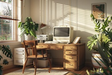Retro Home Office with Vintage Computer and Wood Furniture