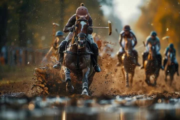 Tuinposter he intense action of a polo match, with horses and riders racing across the field in a thrilling display of speed and skill © lublubachka