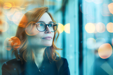 Portrait of a beautiful young woman with glasses in a business center