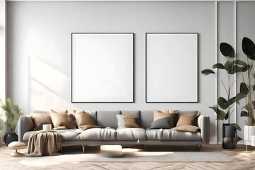 Stylish Living Room Interior with Mockup Frame Poster, Modern interior design, 3D render.