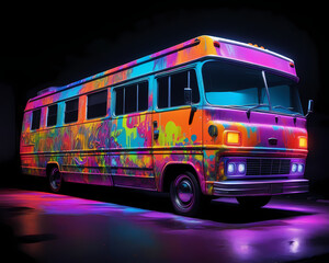 colorful and bright vehicle, bus, coach made of neon lights, glowing in the dark, vibrant colors,...