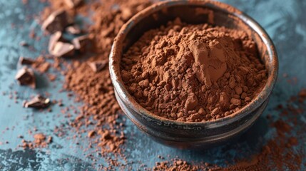 Cocoa powder in rustic bowl on dark blue textured background. Culinary ingredients photography.