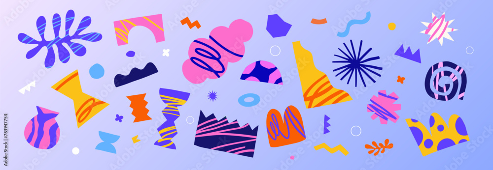 Aufkleber Big set of abstract graphic shapes. Multicolored shapes and objects on a dark background. Elements of minimalism in the style of modern art. Vector illustration for your design in flat style.
