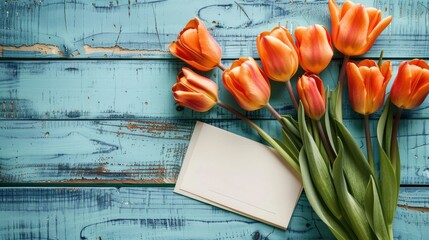 Vibrant orange tulips with a blank white card on a distressed blue wooden background