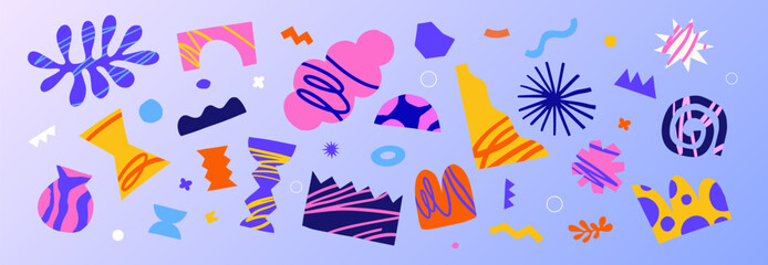 Big set of abstract graphic shapes. Multicolored shapes and objects on a dark background. Elements of minimalism in the style of modern art. Vector illustration for your design in flat style. © KOSIM