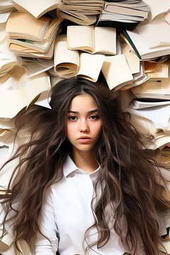 A beautiful girl lies on open books before exams. A thoughtful look. Wild hair. Concept - time before the session. Vertical frame.
