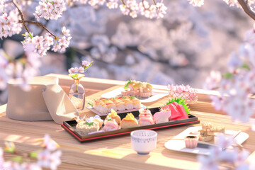 Cherry blossom and Japanese food. Sushi and sashimi on a wooden table. 
