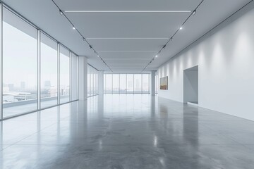 Modern empty gallery space with minimalist design and natural light