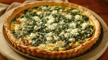 Spinach and feta cheese quiche on wooden board. Food photography.