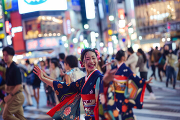  japanese woman in traditional costume dancing at Shibuya crossing in Tokyo, Japan.