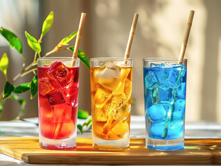 Three color fresh drink in tall glass with bamboo straw.