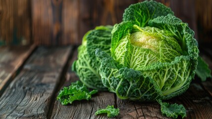 Fresh green savoy cabbage on rustic wooden background.