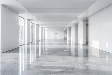 Elegant minimalist gallery space with natural light and reflective marble floor