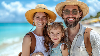 Portrait of happy family of three at tropical beach during summer vacation