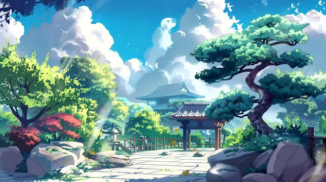 Japanese garden with bonsai trees. Fantasy landscape anime or cartoon style, looping 4k video animation background