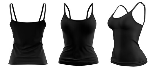 Set of woman black, front, back and side view Spaghetti thin strappy Strap Camisole tank cami Top on transparent background cutout, PNG file. Mockup template for artwork graphic design