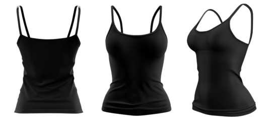 Set of woman black, front, back and side view Spaghetti thin strappy Strap Camisole tank cami Top on transparent background cutout, PNG file. Mockup template for artwork graphic design