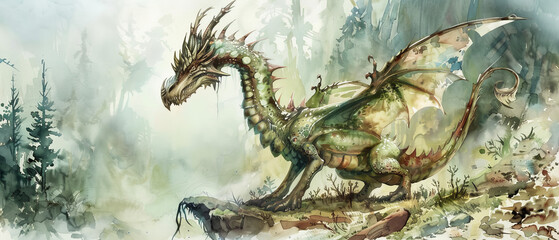 A dynamic sketch of a fierce green dragon, its sharp wings reminiscent of a dinosaur, brought to life through masterful painting and detailed drawing