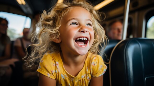 Smiling little girl excitedly getting on the school bus, ready to embark on a new academic year