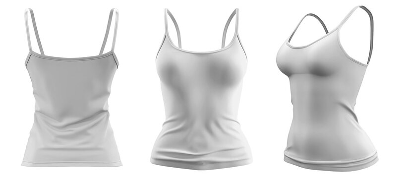 Set of woman white, front, back and side view Spaghetti thin strappy Strap Camisole tank cami Top on transparent background cutout, PNG file. Mockup template for artwork graphic design
