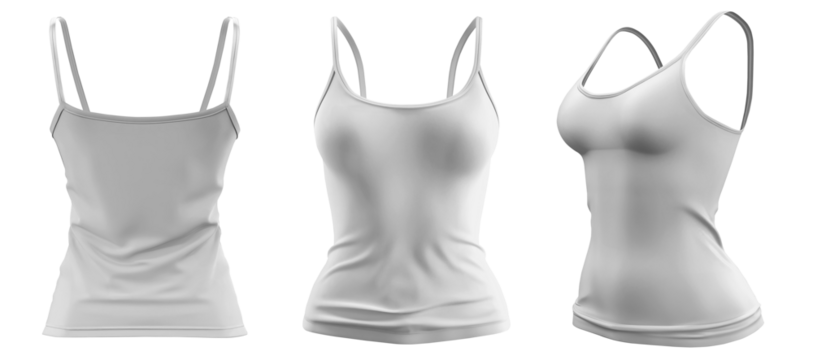 Set of woman white, front, back and side view Spaghetti thin strappy Strap Camisole tank cami Top on transparent background cutout, PNG file. Mockup template for artwork graphic design