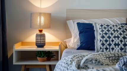 Cozy bedroom corner with stylish bedside lamp and blue pillows.