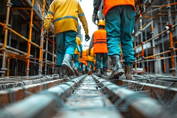 Fototapeta premium Skilled laborers at work on a construction site showcasing teamwork and expertise. Concept Construction Site, Teamwork, Skilled Labor, Expertise, Work Environment