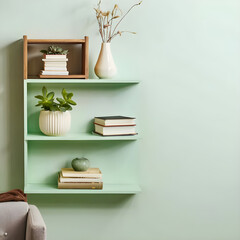 White floating book shelf with clay vase and books on light green wall with copy space. Home decor. Storage organization for home. Interior background design of modern living room. 