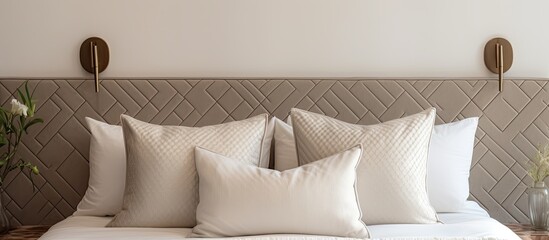 A close-up view of a bed featuring soft cushions and a decorative potted plant placed on the nightstand