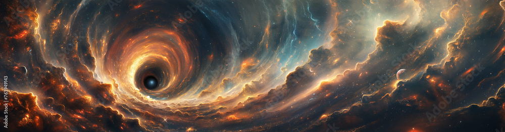 Wall mural panorama with a black hole, a supernova and a wormhole in galaxy in space in universe