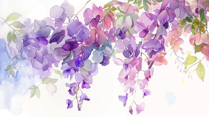 A vibrant watercolor masterpiece captures the delicate beauty of violet, lilac, and lavender flowers in full bloom, their soft purple petals gracefully swaying in the breeze